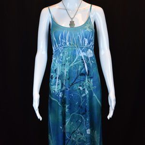 American Crown Blue Floral Design Spaghetti Strap Knee Length Dress sz. L.  NWOT